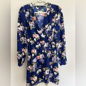 Lulus That’s a Wrap Blue Floral Mini Long Sleeve Dress Size Small